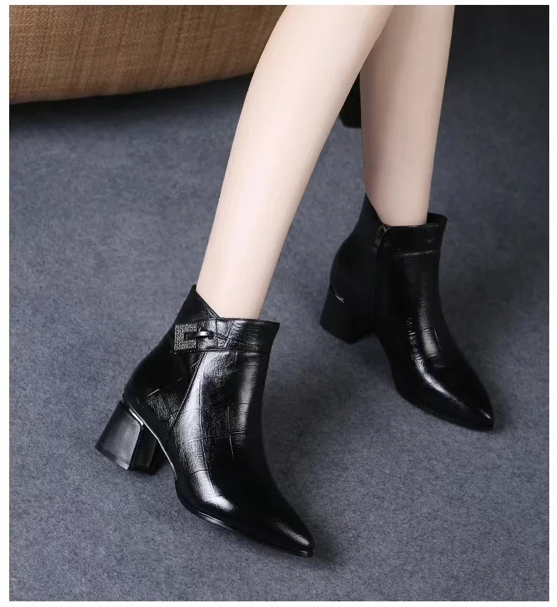 Women Autumn Winter Boots Women Shoes Pure Color Booties Drill Buckle Strap Square Heel Single Shoes Outdoor Warm Shoes