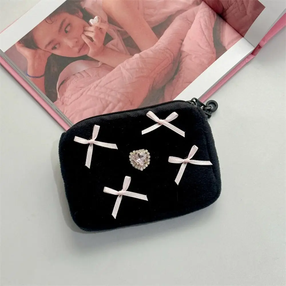 New Girls Bowknot Coin Purse Sweet Portable Keychain Wallet Heart Diamond Embellishment Small Square Bag Lipstick Storage Bag