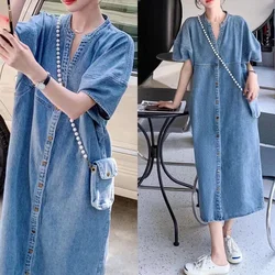 Vintage Denim Women's Dresses for 2024 Summer Thin Casual Jeans Dress Loose Plus Size Lady Vestidos Female Clothes Robe KE6062