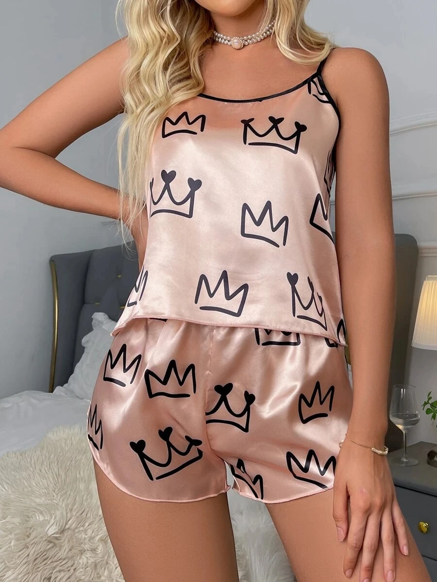 Sexy Pajama Set Women Lingerie Satin Silk Spaghetti Strap Top Hot Shorts Soft Sleep Crown Print Sleepwear 2 Piece Femme Pijamas