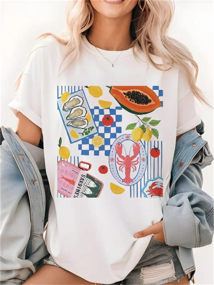 

Повседневная футболка с принтом фруктов и морепродуктов, женская уличная футболка с короткими рукавами и принтом для пляжного отдыха, милая универсальная футболка для путешествий