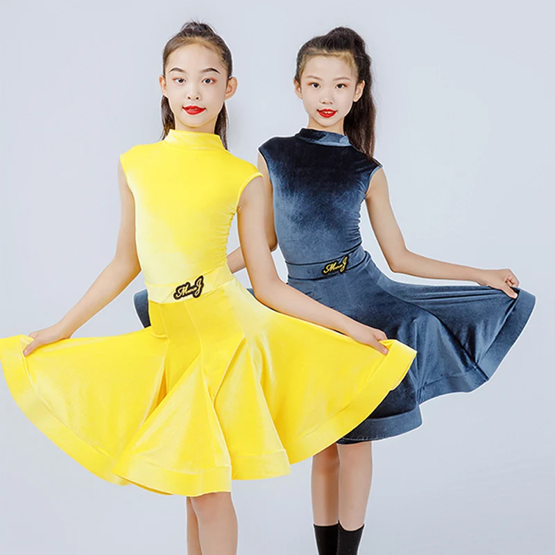 

New Latin Dresses Girls Professional Competition Costume Kids Blue Yellow Velvet Sleeveless Ballroom Performance Wear VDB7178