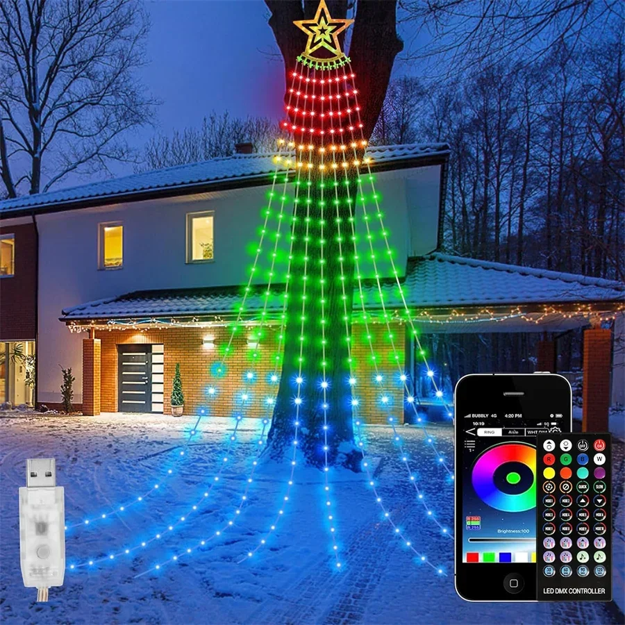 9x3m 304 LED Christmas Tree Decorations Outdoor Star String Lights Smart APP Remote Controlled Waterfall Fairy Light Garland