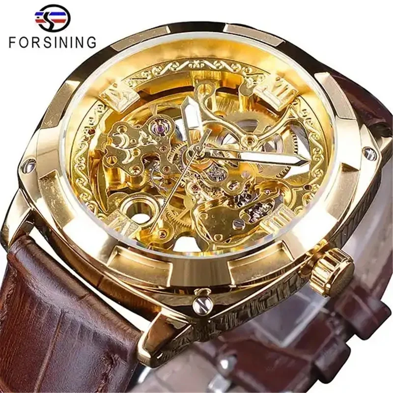 Forsining 207B Mechanical Automatic Vintage Leather Strap Carved Dial Watch Man For Sale Casual Business Men\'s Clock