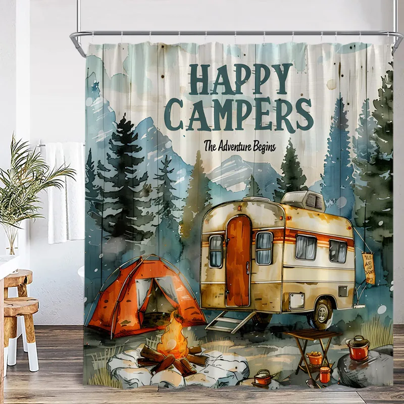 Vintage Camping Shower Curtains Abstract Mountain Camper Forest Scenery Polyester Fabric Home Bathroom Curtain Decor with Hooks