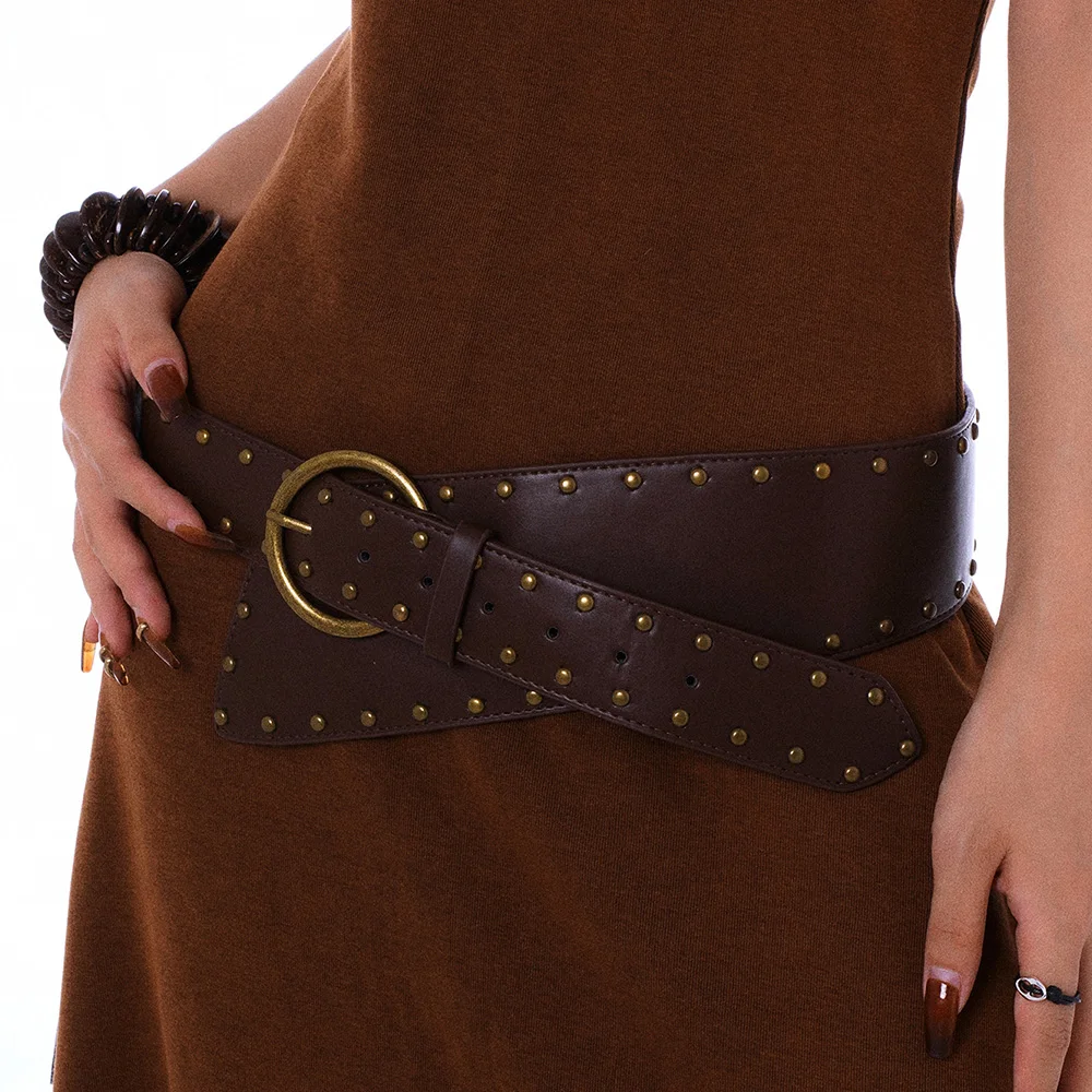 Western Cowboy Cowgirl Corset Leather belt for Women Punk Gothic decorative Wild Waistband Female women\'s retro rivet wide belt