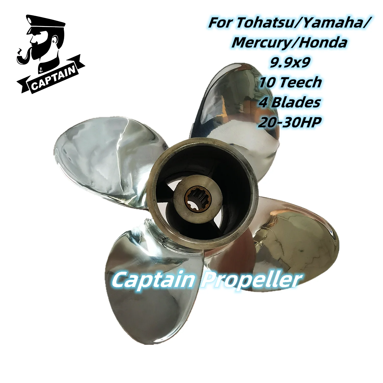 

Captain Boat Propeller 9.9x9 Fit Tohatsu/Yamaha/Mercury/Honda Outboard Engine 25 30HP Stainless Steel 4 Blade 10 Tooth Spline RH