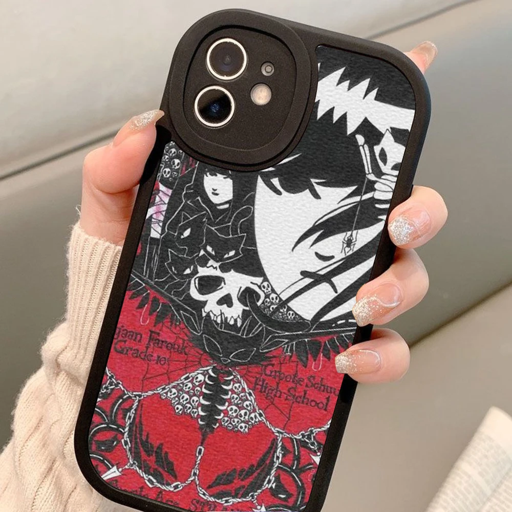 INS Cartoon Comics E-Emily The Strange Phone Case for Iphone 13 12 11 Pro MAX MiNi 8plus X XS XR Black Cat Lambskin Covers