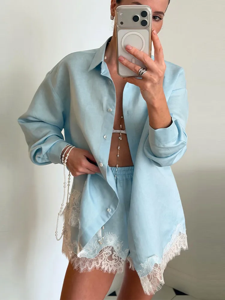 

Chic Women Office Shirt Set Casual Lace Patchwork Single Breasted Long Sleeve Lapel Female Blouse Short Pant Summer Streetwear
