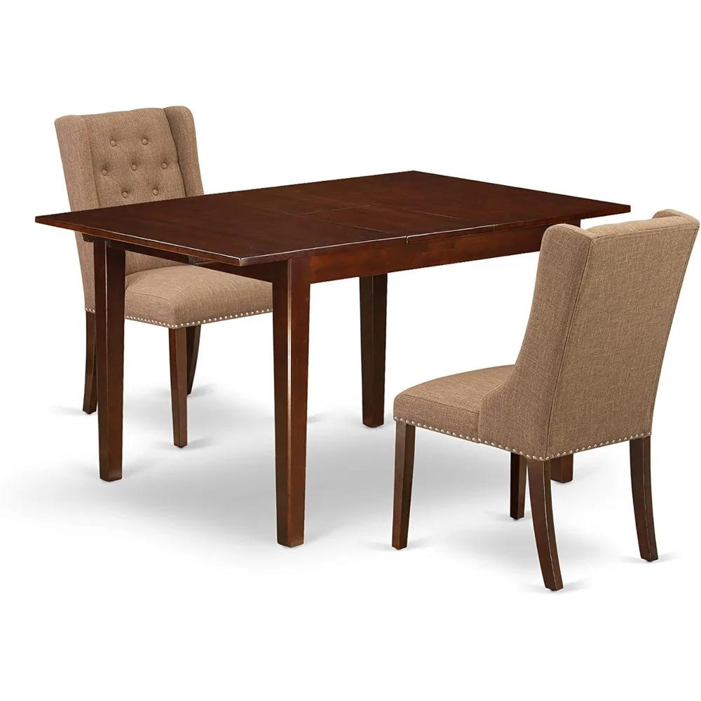 Milan 3Piece Small Dinette Set Contains a Rectangle Butterfly Leaf Dining Table and 2Light Sable Linen Fabric Upholstered Chairs