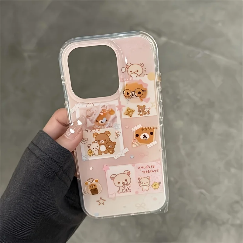 Niedliche Bären-Cartoon-Handyhülle für iPhone 17 16e 16 15 14 13 12 11 Pro Max X Xs XR XS Max 8 7 6 6s Air Plus Federstruktur