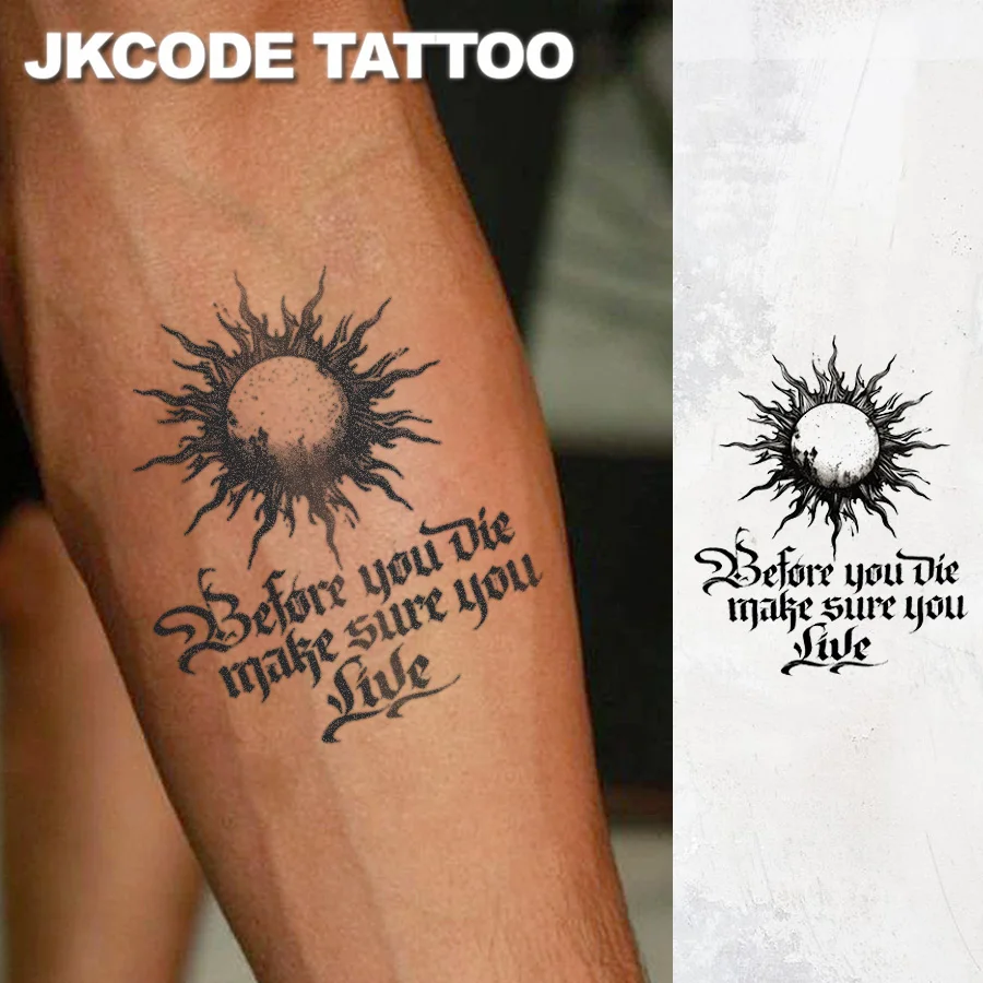Waterproof Design Semi-permanent Tattoos, Flame Sun Pattern-Inspirational English Sentences-Dual-use Men's Temporary Tattoos for Neck, Hands, and Fingers, Lasts 15 Days