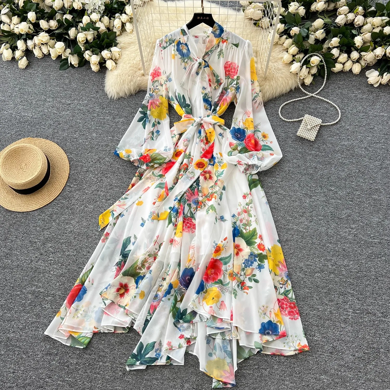 Summer Bohemian Gorgeous Flower Holiday Dress Women Bow Neck Long Lantern Sleeve Floral Print Sashes Prom Party Robe Vestidos