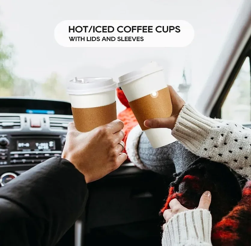 50pcs 16oz Disposable Coffee Cup Set Thickened Odorless Coffee Paper Mug Insulate Cup Sleeve with Lid Package Espresso Coffeewar