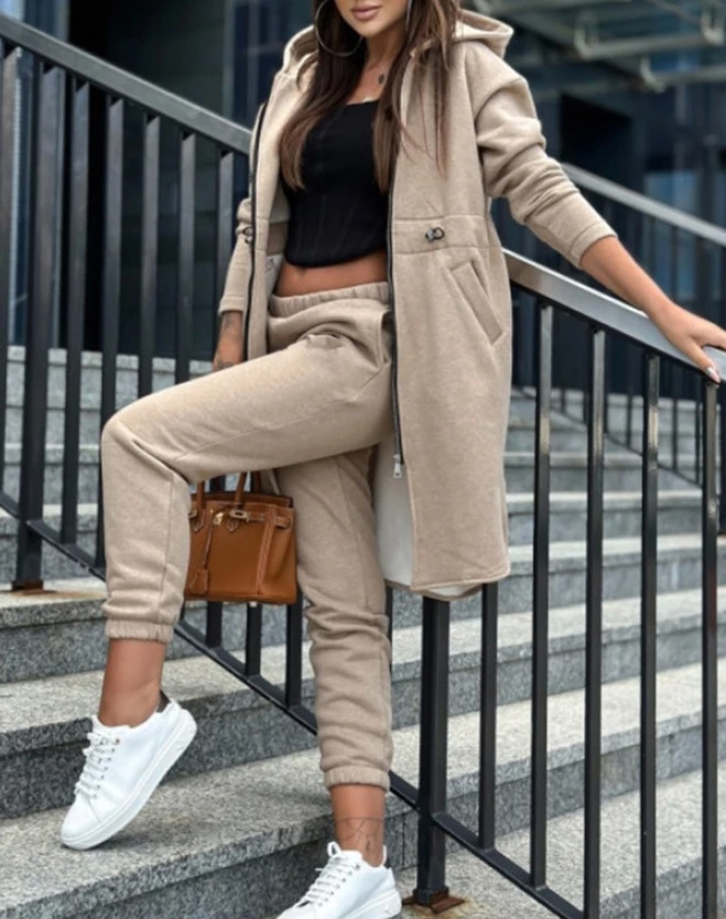 Women\'s Sweatpants Sets 2023 New Autumn/winter Fashion Zipper Design Longline Hooded Coat & Casual Cuffed Pants Two Piece Suit