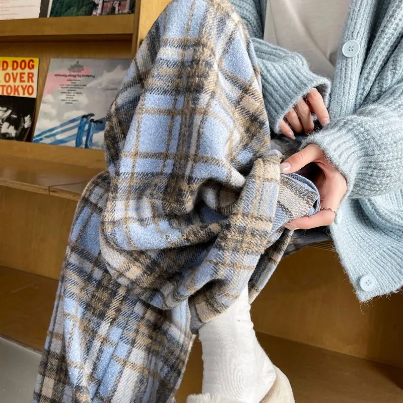 Blue Plaid Wide Leg Pants Women's Casual Loose Drapey Autumn Winter New Sle Small Size Woolen Trousers High Waist Straight Cut