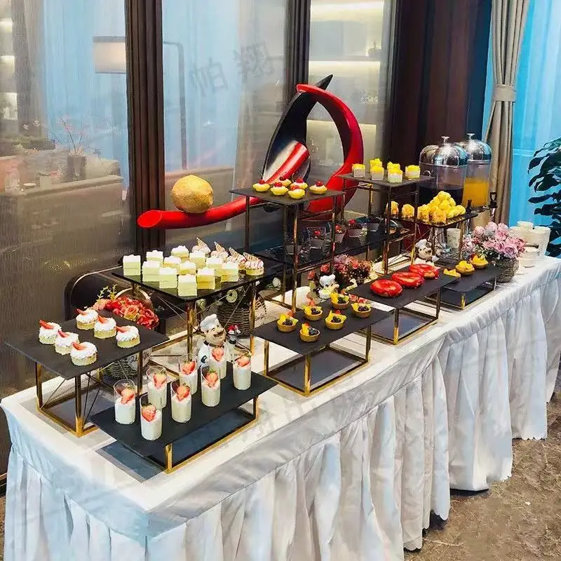 

Wedding Cake Birthday Party Golden Metal Stand,White/Black Acrylic Tray Dessert Table Display Buffet Banquet Event Decor Props