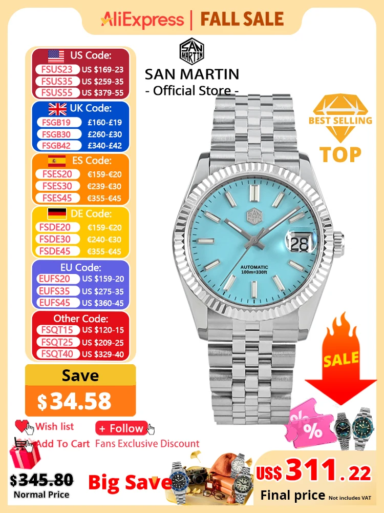 San Martin 36,5mm Männer Kleid Uhr Top Marke Luxus Automatische Mechanische Mode Paare Uhren Saphir Wasserdicht 100m BGW9
