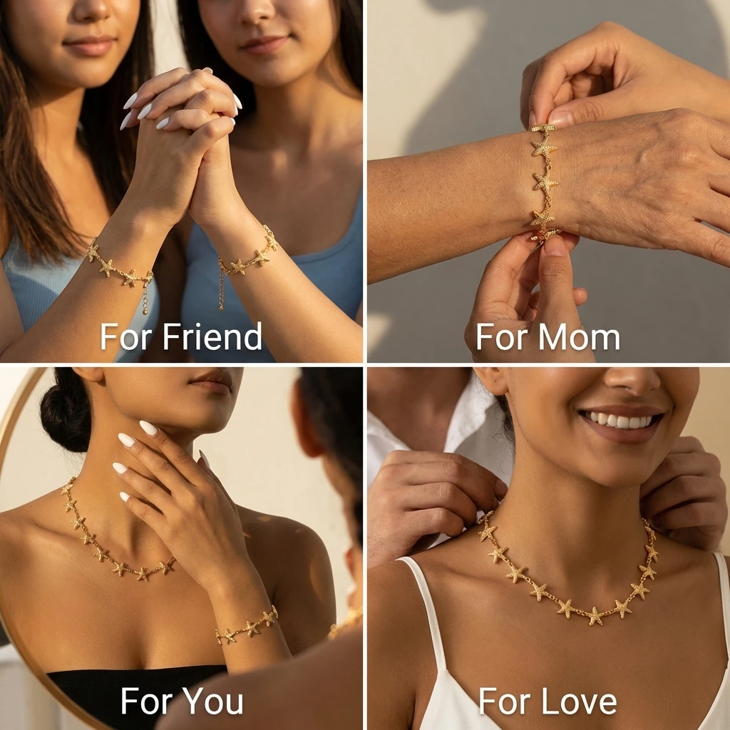 Boho Goldfarben Seestern Halskette und Armband Set für Frauen Strand Ozean Thema Kette Armreif Schmuck Sommer Urlaub Accessoires Geschenk – Detail 6