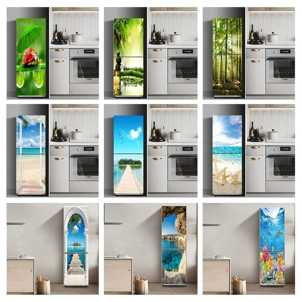 Green Bamboo Forest Fridge Stickers Self Adhesive Waterproof Anti Scratch Refrigerator Skin Cover for Kitchen Home Mural Decor