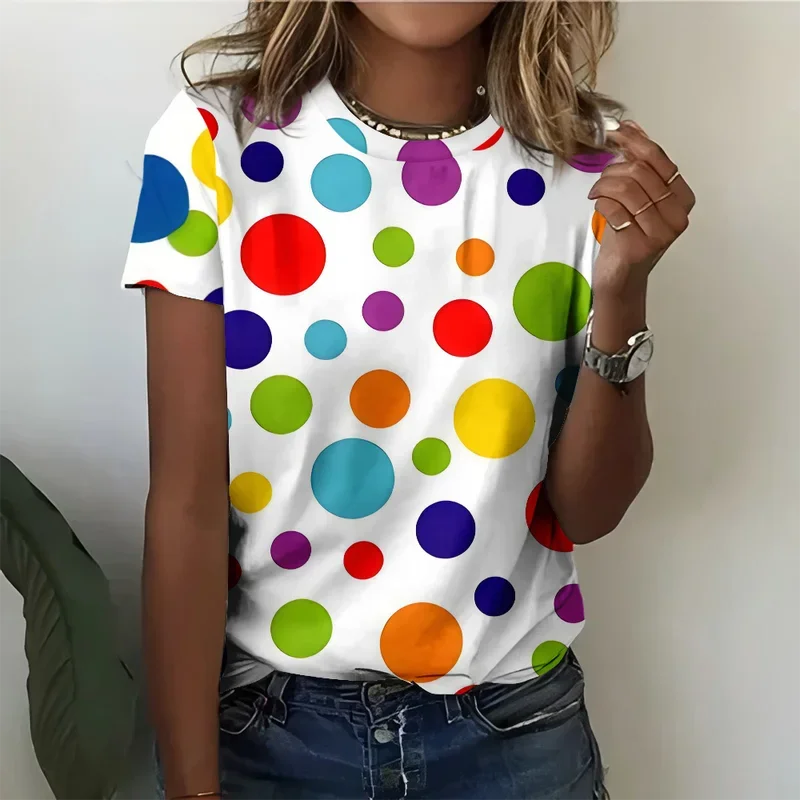 

Bold Colored Polka Dot Women's T-shirt Casual Fashionable and Comfortable White Short Sleeve Pullover Oversized Y2K Streetwear