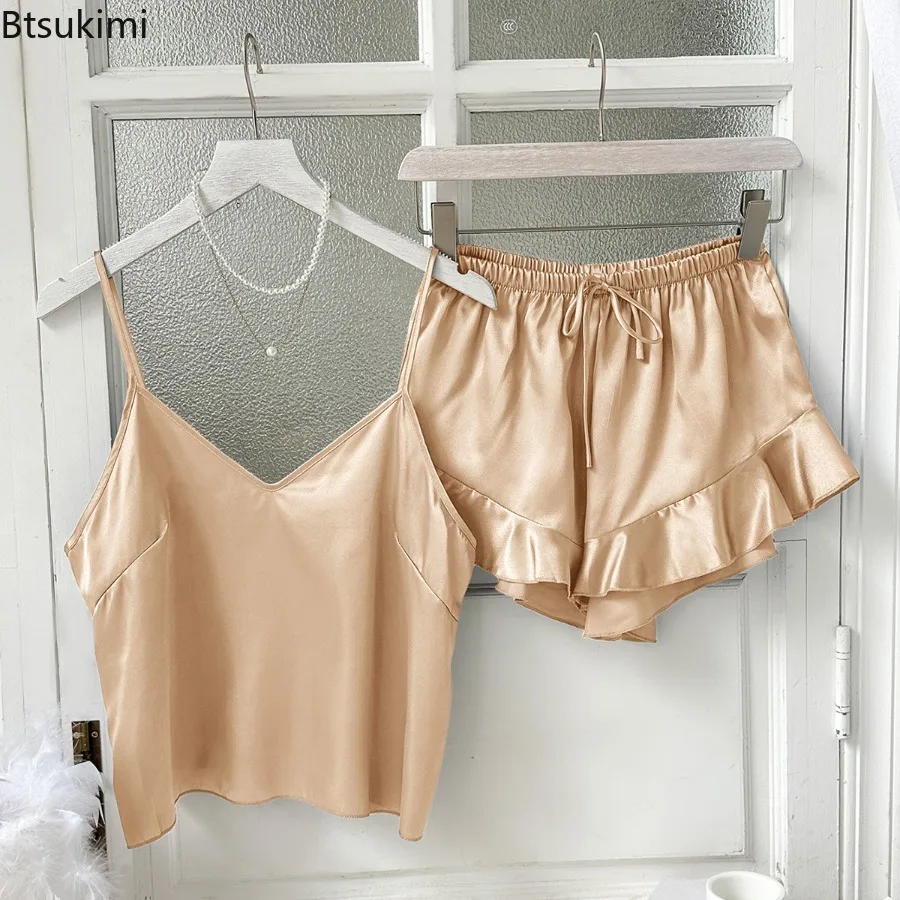 Women's Summer Pajamas Set Nightwear Sexy Strap Top and Shorts Home Clothes Sexy Satin Sleepwear Solid Color Loose Loungewear