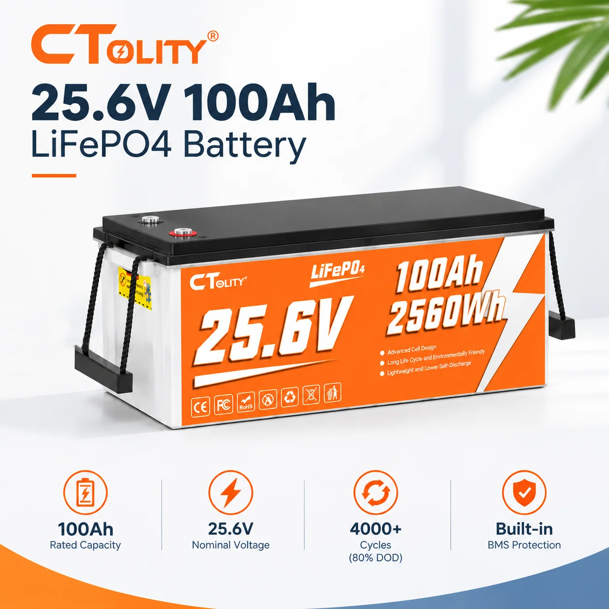 Ctolity Bluetooth 24V 100 LiFePO4 Battery 15000+ Cycle 100A BMS UP 25.6V 2560W For RV, Camper, Solar, Marine, Off-Grid,5-year warranty,UL 1973