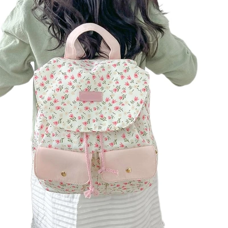 

F19F School Girl Sweet Floral Shoulder Bag with Double Pockets Student Small Backpack School Book Bag Daypack for Women Girl
