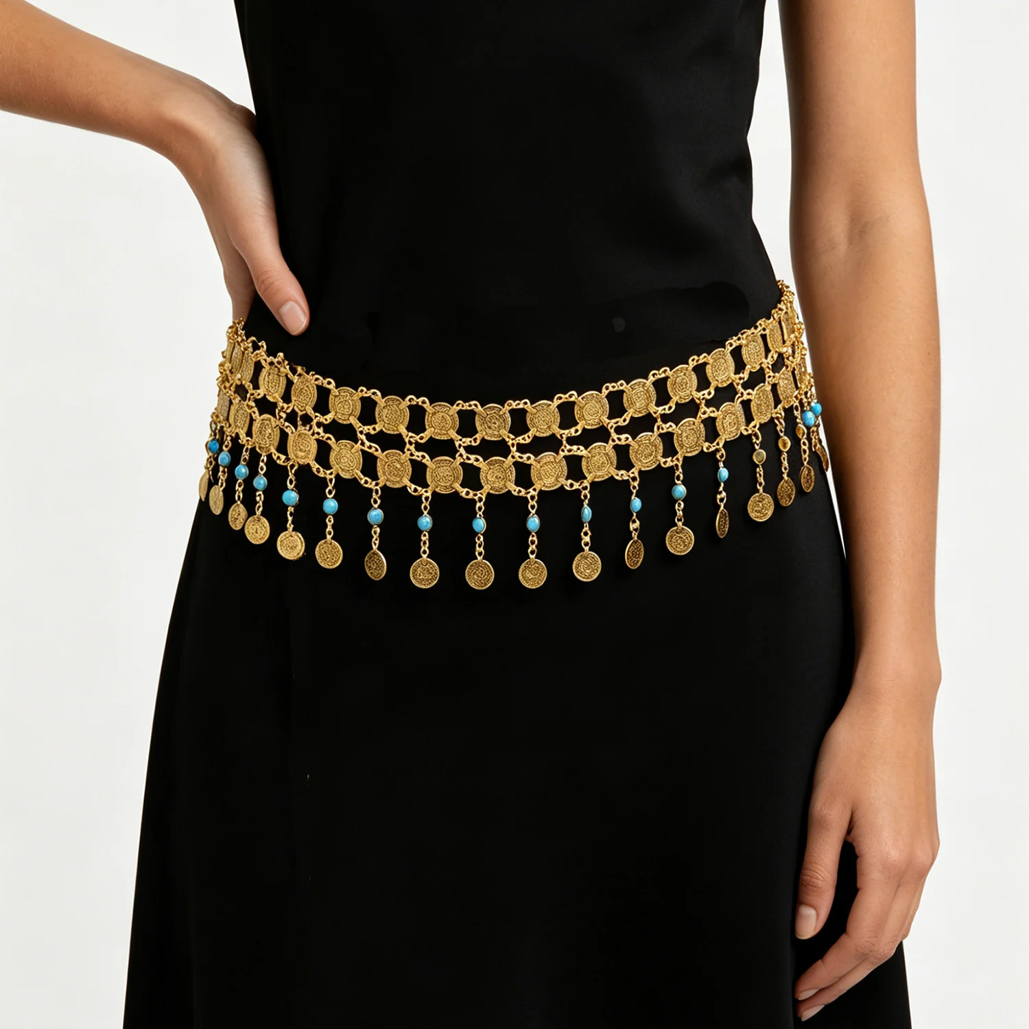 

Golden Multilayer Coins Long Body Chain Turquoise Pendant Jewelry Belly Chains Folk Costume Belts Accessory for Women Gift