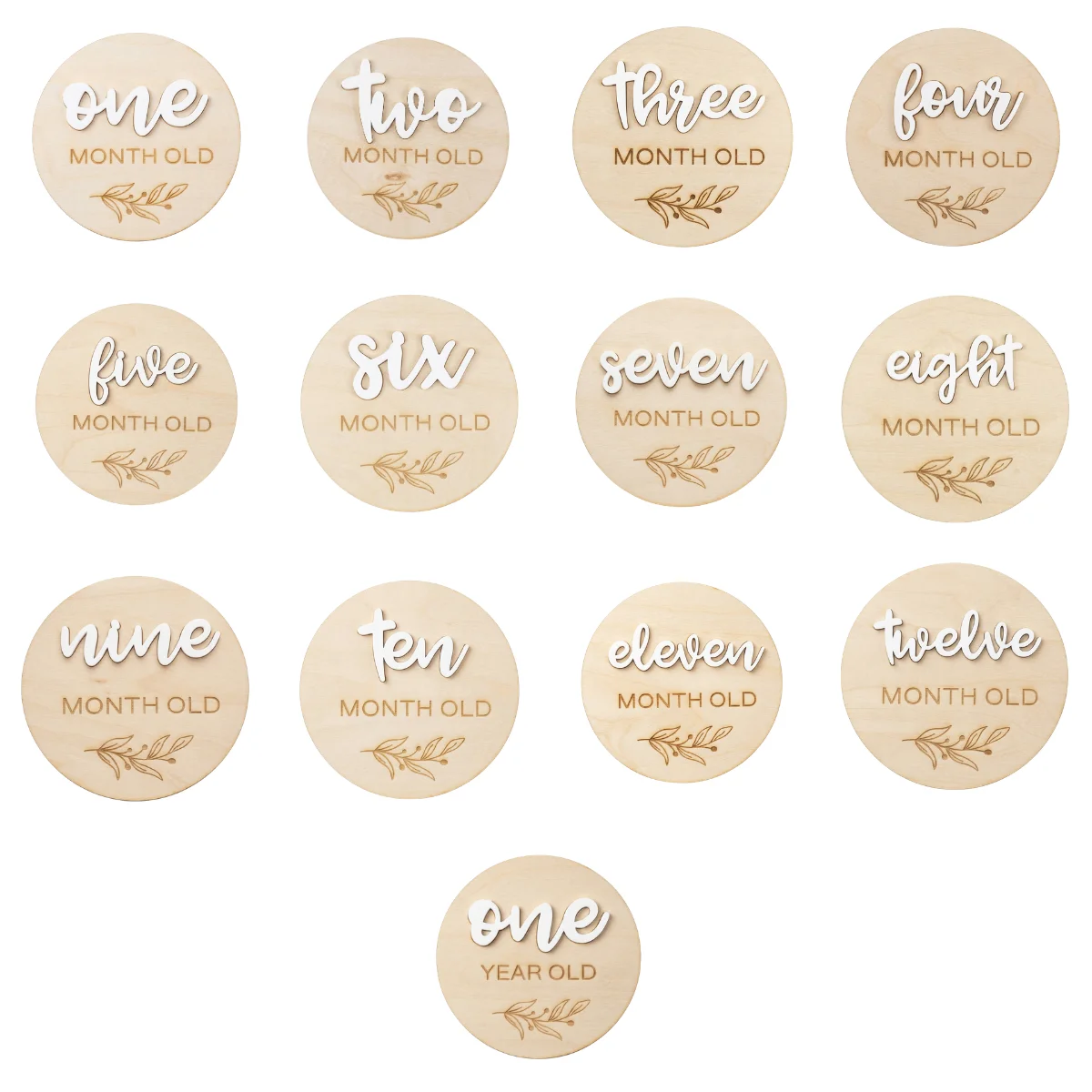 Baby Monthly Milestone Photo Props Cards，10cm Round 3D Natural Wood with Raised Acrylic Lettering
