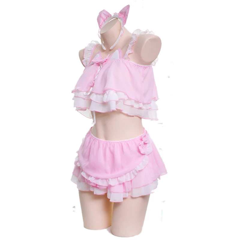 Anime Lolita Katten Meisje Meid Badpak Kostuum Leuke Roze Kat Oren Badmode Uniform Pool Party Cosplay