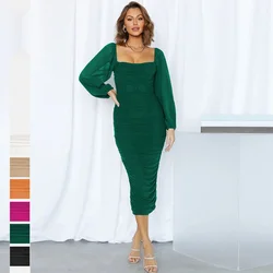 2024 New Elegant Long-sleeved Backless MIDI Dress Women's New Fall Two-layer Mesh Square Collar Club Party Sexy Dress