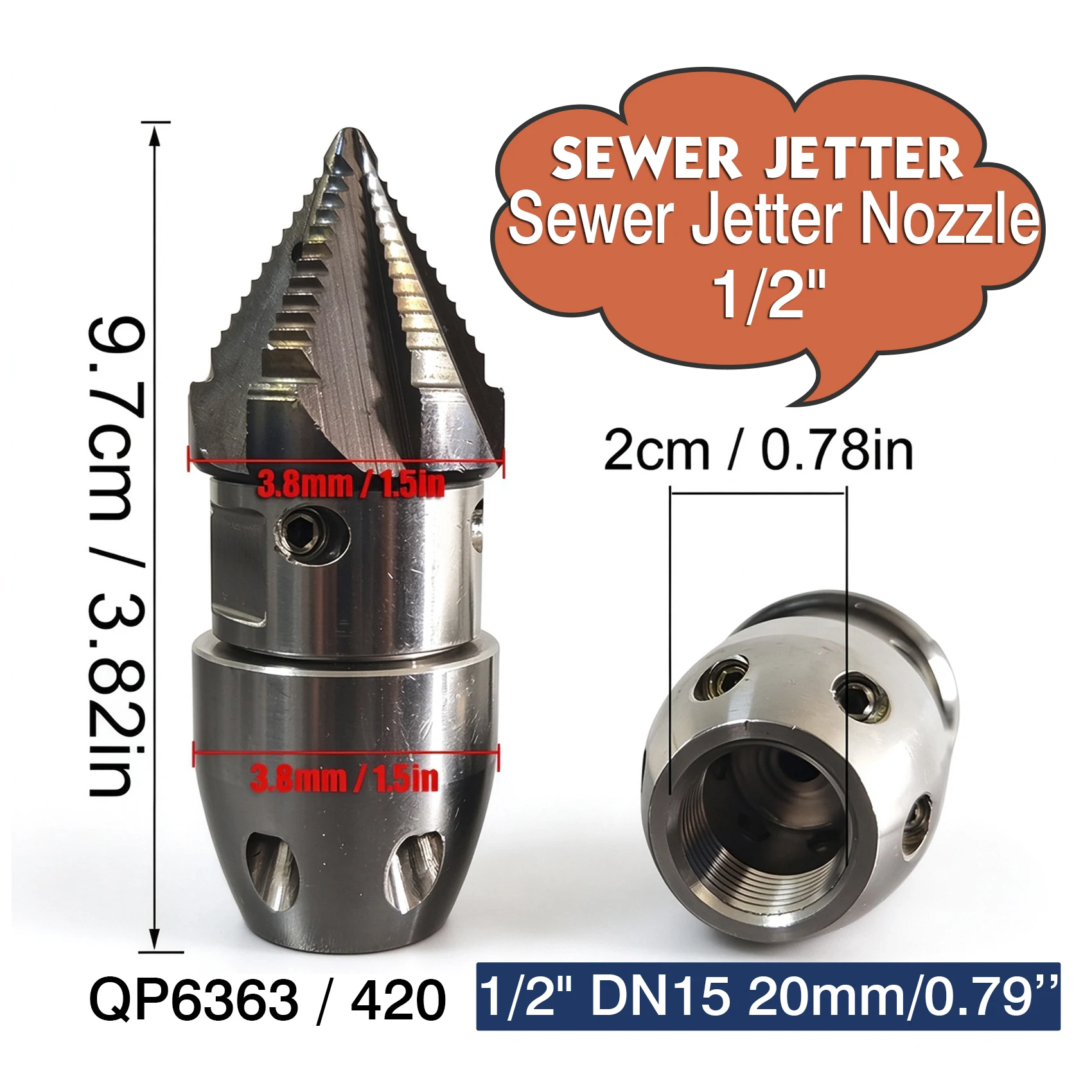 Sewer Jetter Nozzle for 2900 PSI 70 L/min 1/2'' Pressure Washer Stainless Steel, Fast Rotating for Municipal Drain Pipe Cleaning