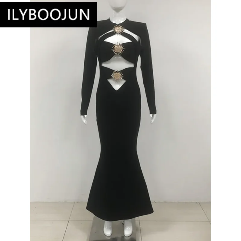 Robe de Soirée Sexy à Manches sulfpour Femme, Tenue avec Découpe, Décoration de Soleil, Noir, Maxi, Batterie, Bandage, Marque, 2024