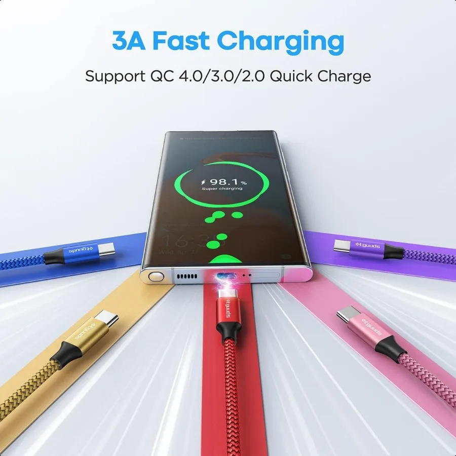 لون USB C كابل 3ft 5 حزمة USB إلى USB C كابل الشاحن سلك شحن سريع نوع C مضفر آيفون 15 لسامسونج غالاكسي S24 S