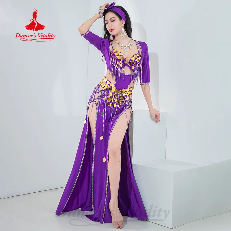 Conjunto de actuación de danza del vientre para mujer, sujetador con piedras AB personalizadas, falda larga con flecos divididos, 2 piezas, trajes de Baile Oriental