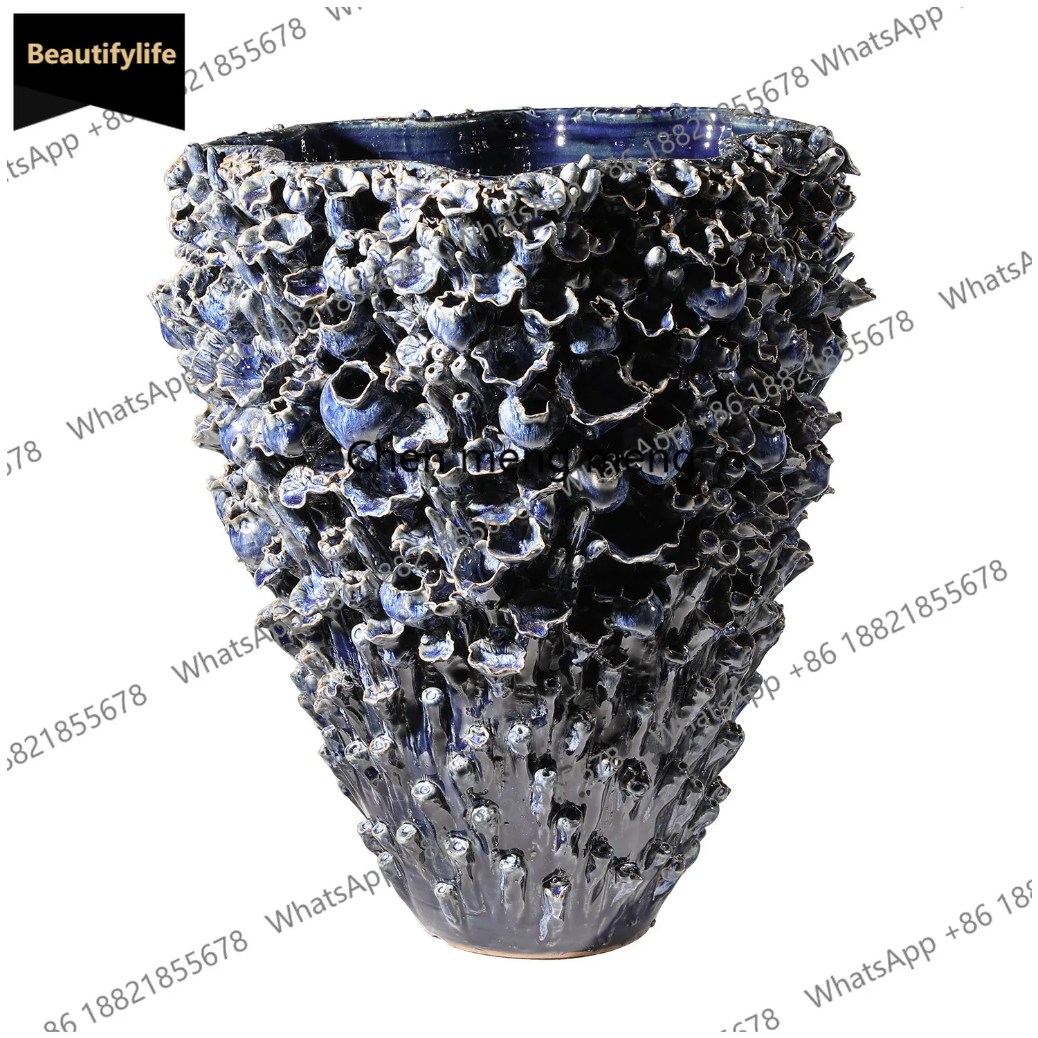 

c139 Deep sea bionic flower vase dark blue glazed wild texture home ornament