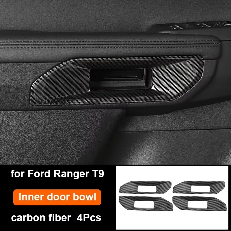 Carbon Fiber For Ford Ranger T9 2023 2024 Interior Door Pull Handle Frame Trim Cover Stickers 4PCS Car Inner Accessories