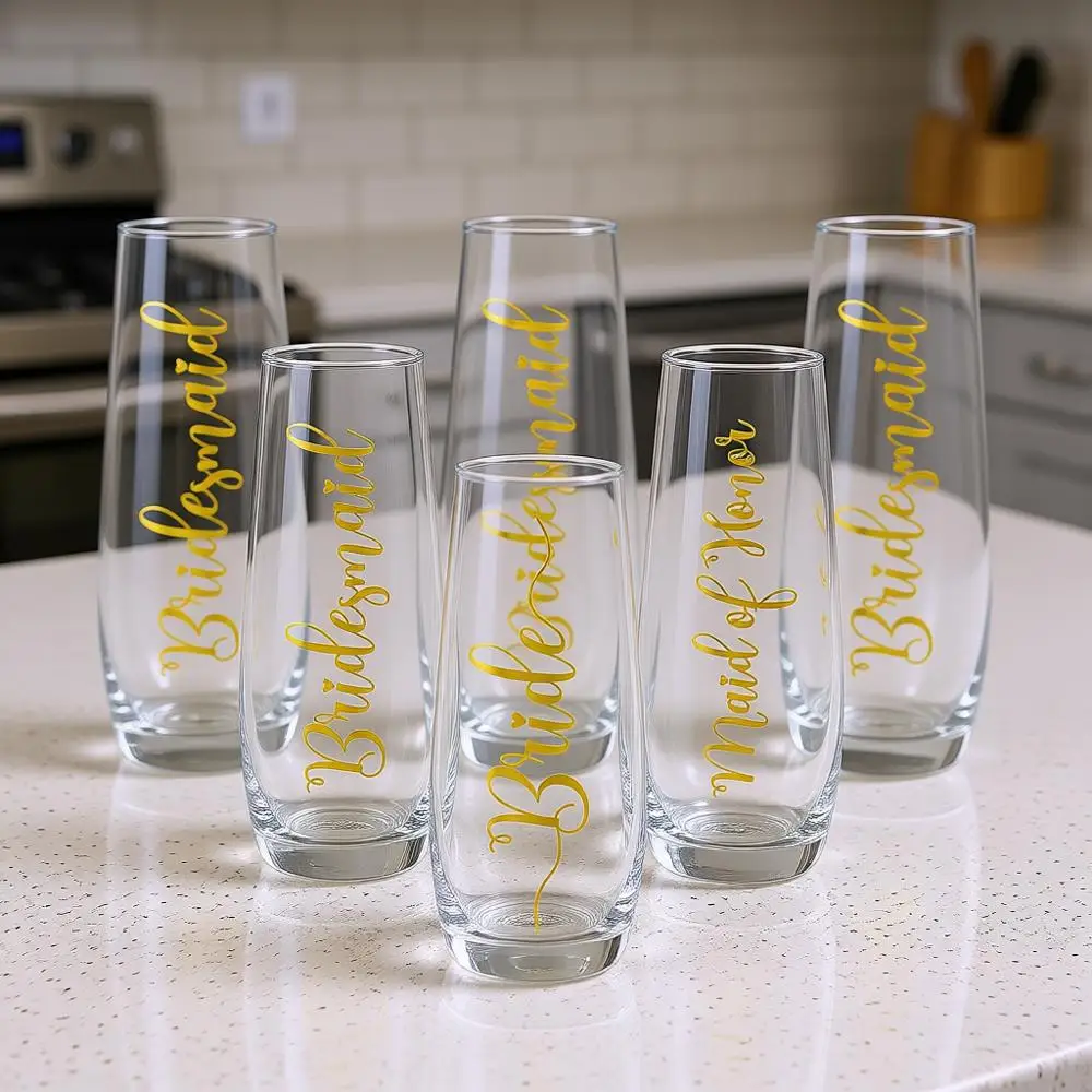 

Champagne Glasses Bridal Shower Gift Set of 8 Stem Party Tumblers Bride Bridesmaid Maid of Honor Wedding Clear Gold Rimmed