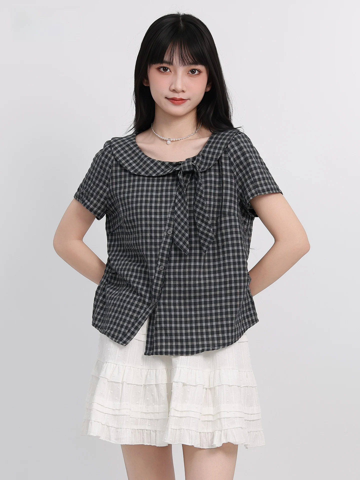 Collège coréen Sle Plaid irt femmes été nouveau ample polyvalent col de poupée cravate ort Sve irt trajet Sle rond Ne