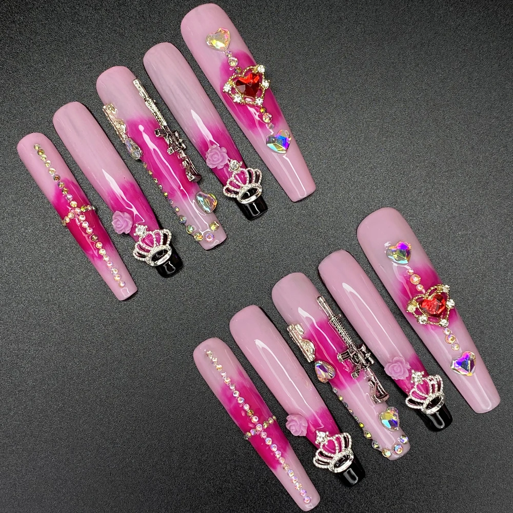 10PCS Charm Luxurious Ballerina Coffin Hand Paint Nails Art Exclusive Design 55mm Covered Decoration Handmade Nails Press On