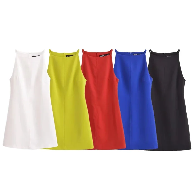 BWQ Vestidos de verano de moda 2025 Vestidos para mujer Mini vestido ajustado sin mangas Blanco Rojo Azul Negro Amarillo Vestido Vestidos de vacaciones