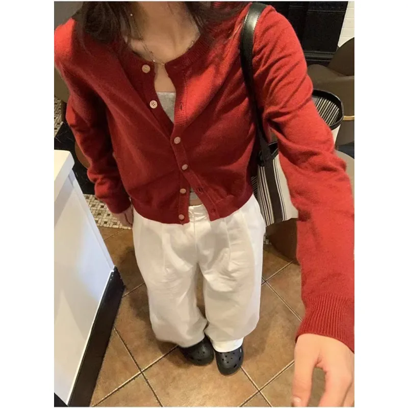 2026 Korean Version Sweet Spicy Slimming Casual Thin Short Knitted Cardigan High-Quality Fashion for Figure O-neck Office