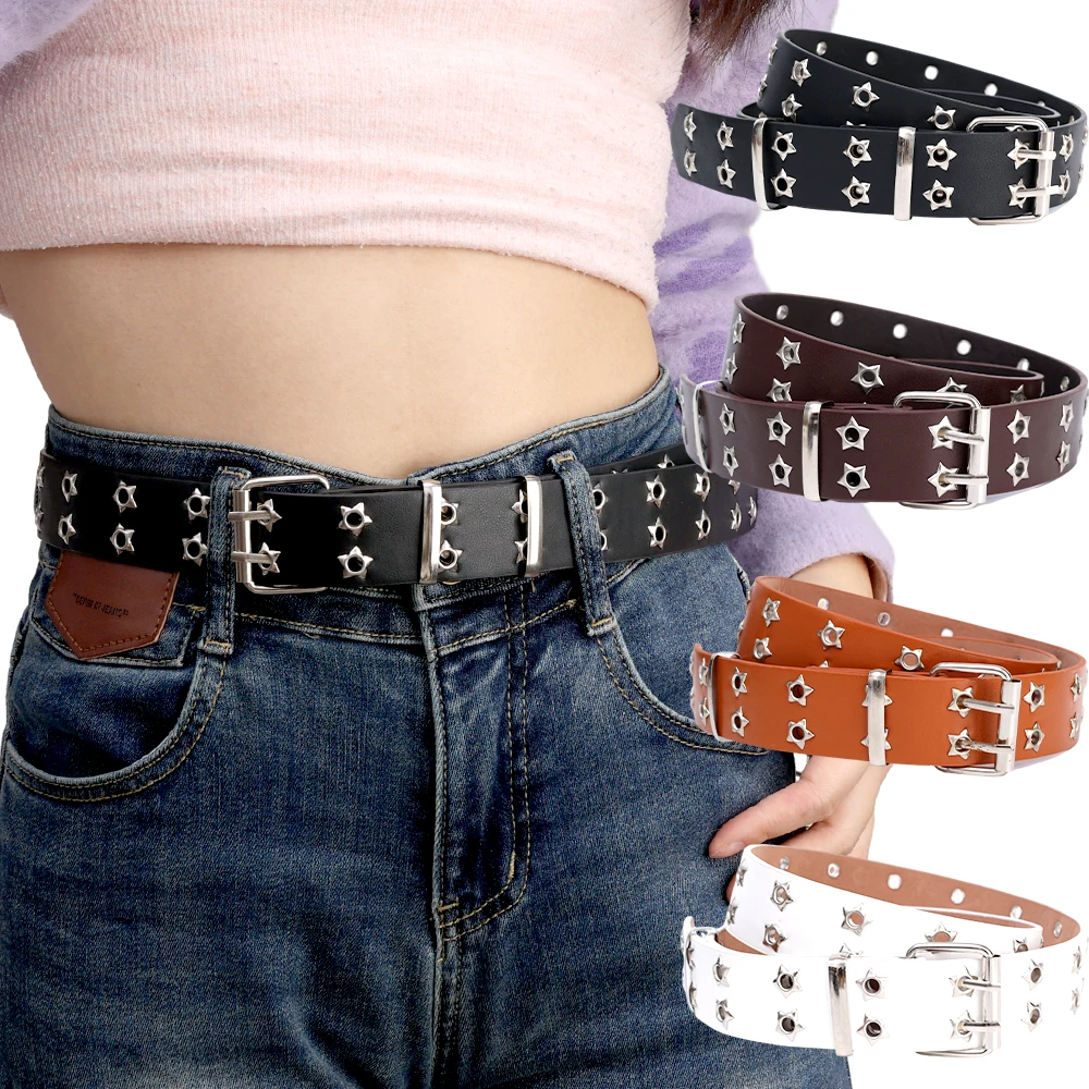 

American Retro Hollowed Out Star Waist Band Fashion Denim Double Breasted Buckle Belt Trend Hip-hop Men Women Girdle Accessories