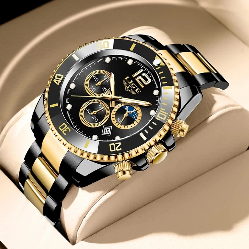 LIGE Top Brand Luxury Man Watch Business Stainless Steel Quartz Wristwatches Luminous Waterproof Watches Men Clock Gift+Box