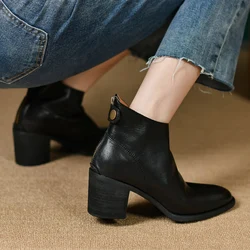 Autumn Spring Concise Cowhide Thick High Heels Classic Ladies Shoes Back Zip Ankle Boots Women European Style Women Winte Boots