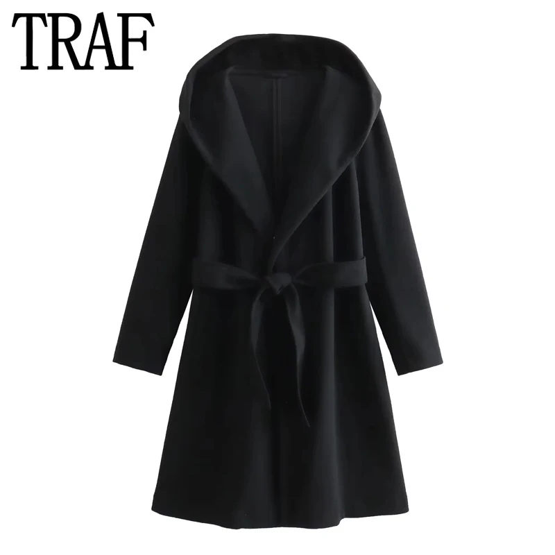 TRAF Woman Coat Hooded Long Coats For Women Soft Long Sleeve Autumn Winter Coat Woman 2023 Elegant Women\'s Overcoat Cardigan