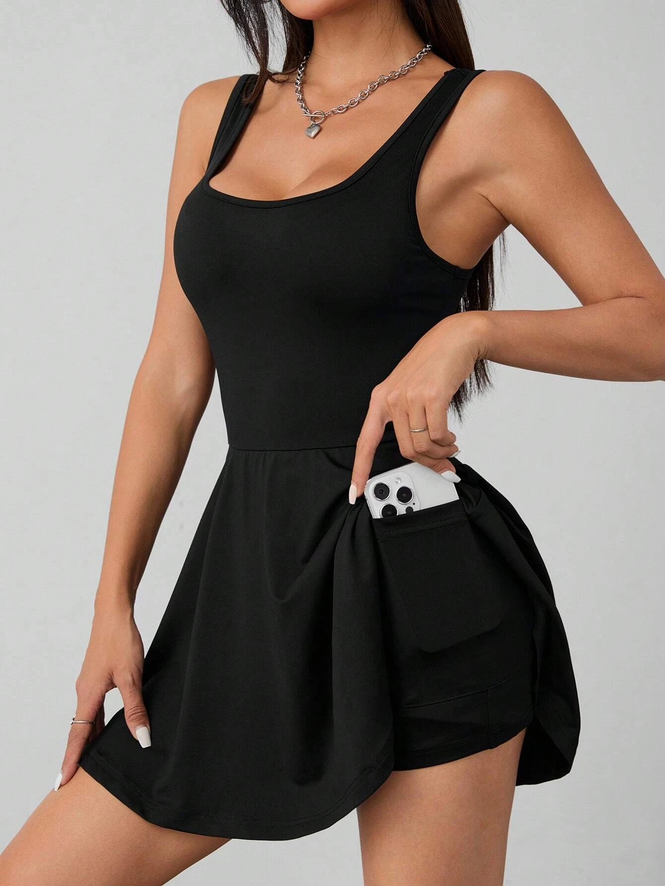Women's Sexy Elegant Black party & casual dress - Stretchy A-Line skirt, Low Neckline, Machine Washable Formal & Everyday Outfit - view 3