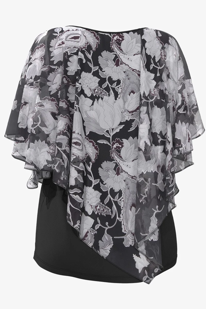 Plus Size Women Blouse Cloak Loose Casual Floral Print Ruffle Batwing Cape Sleeve Basic Tee Top Fake Two Pieces Women Shirt Top