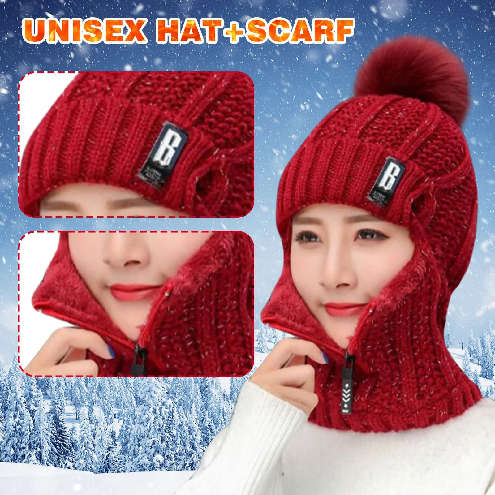 Women's 2-in-1 Scarf Beanie Hat with Zipper, Fashion & Warm Knitted Cap with Pompom, Thickened Coldproof Snow Hood for Outdoor